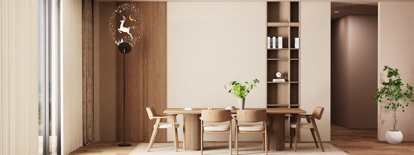 Projection floor lamp displaying decorative light patterns for dining room