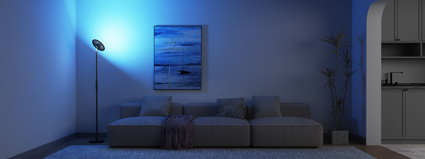 Projection floor lamp with soft blue ambient lighting for living room