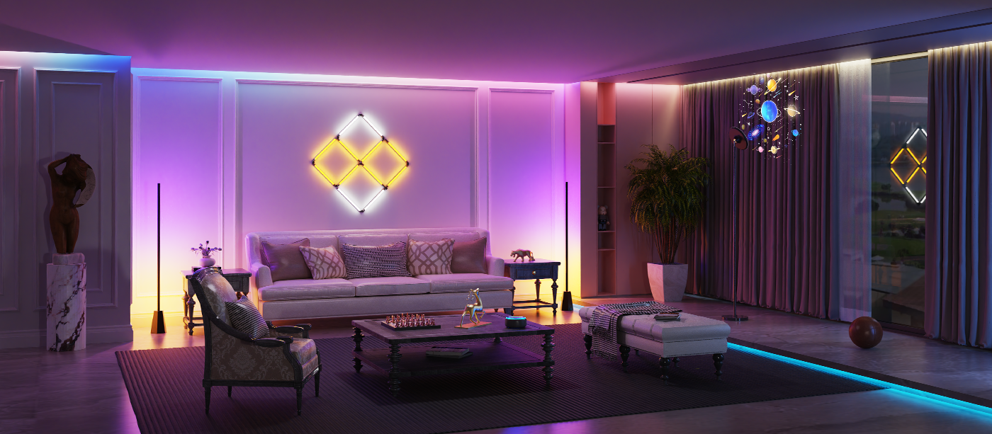 Modern living room with stylish, colorful LED lights on the walls and ceiling, offering an elegant, dynamic atmosphere. Black Friday smart lighting sale for indoor spaces.