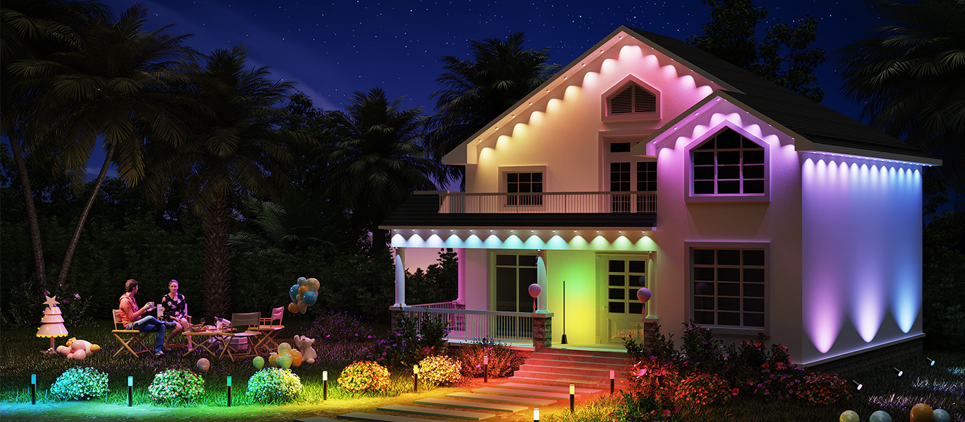 A house decorated with vibrant outdoor lighting and festive garden lights, perfect for a joyful celebration. Black Friday deals on smart outdoor lighting.