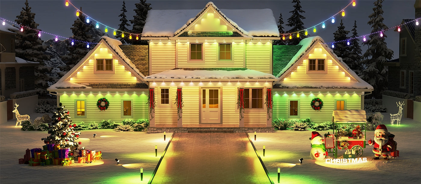 Decktok smart Christmas outdoor lights illuminating a two-story house, garden and pathway with festive colors
