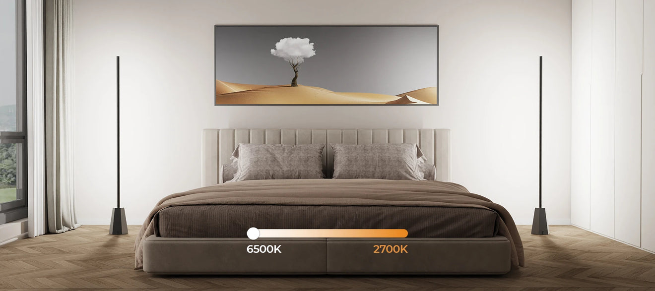 Decktok Smart Corner Floor Lamp in a modern bedroom demonstrating tunable white light color temperature ranging from warm 2700K to cool 6500K.