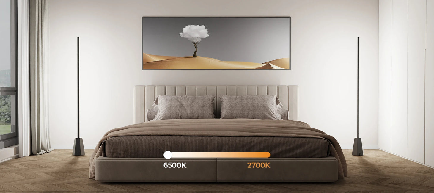 Decktok Smart Corner Floor Lamp in a modern bedroom demonstrating tunable white light color temperature ranging from warm 2700K to cool 6500K.