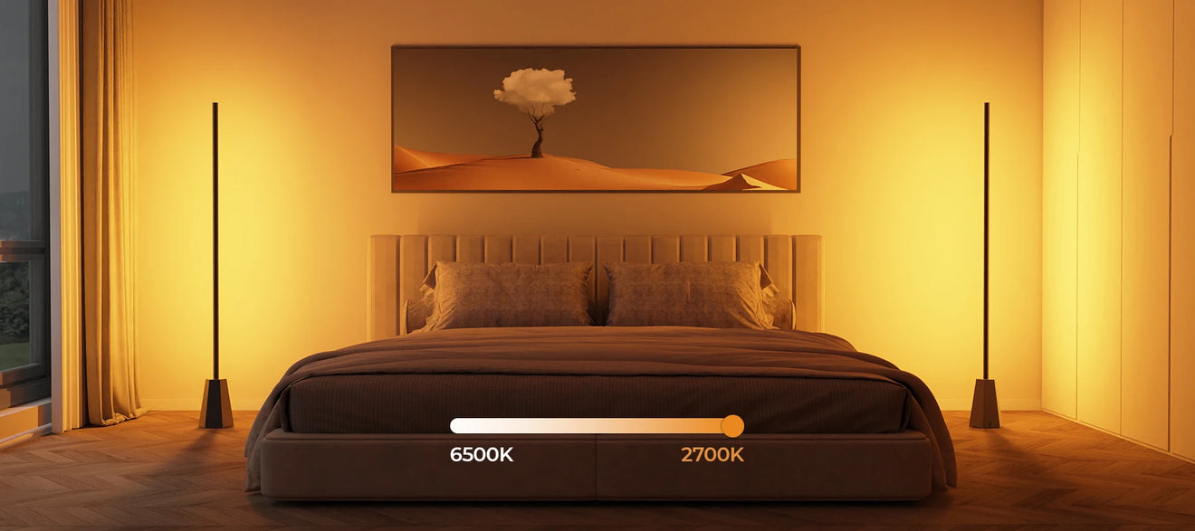 Decktok Smart Corner Floor Lamp in a modern bedroom demonstrating tunable white light color temperature ranging from warm 2700K to cool 6500K.