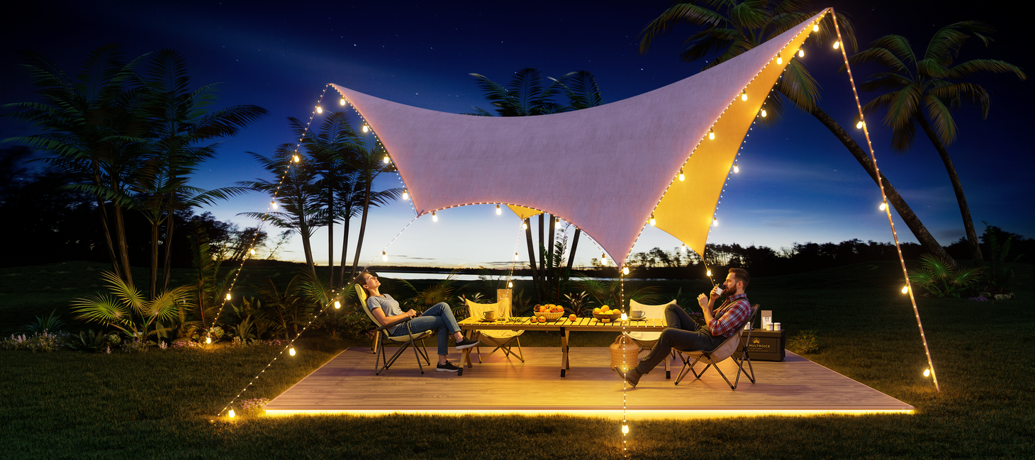 Smart outdoor string lights creating warm ambient lighting for patio and outdoor seating