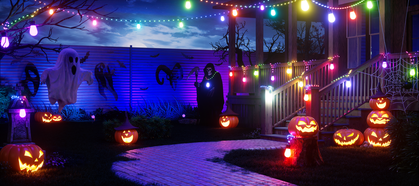Colorful smart outdoor string lights for Halloween backyard and porch decorations
