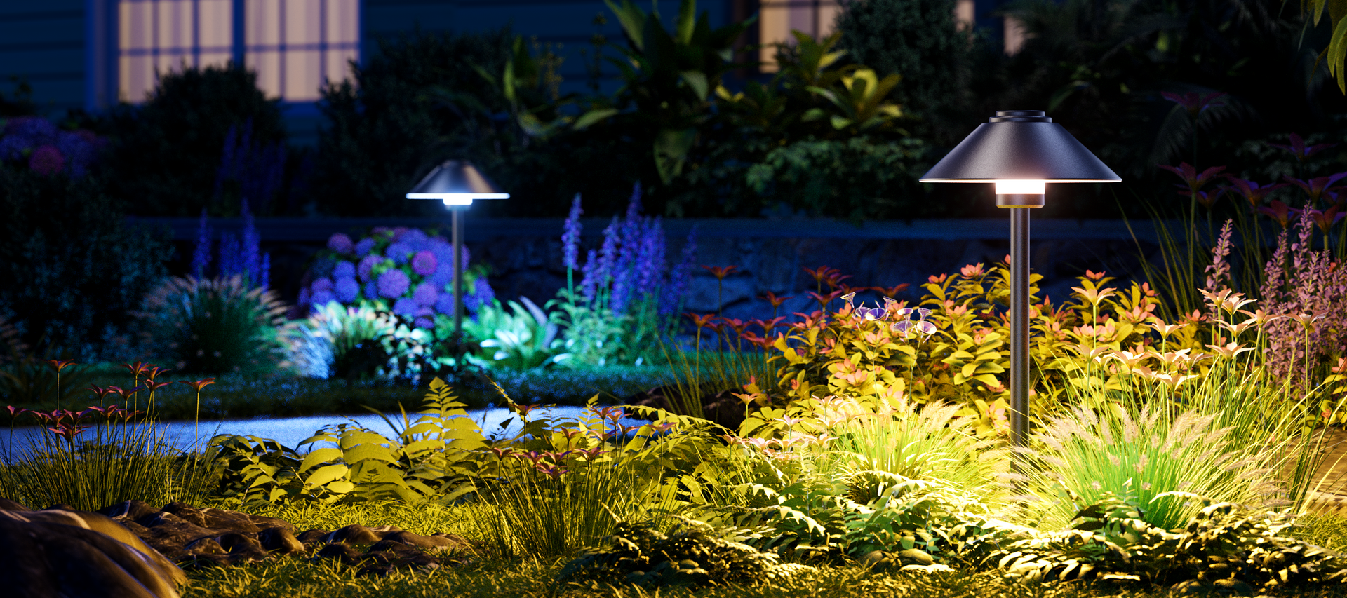 Decktok Smart Mushroom Path Light with sleek black aluminum finish, illuminating a garden walkway with bright warm white LED light.